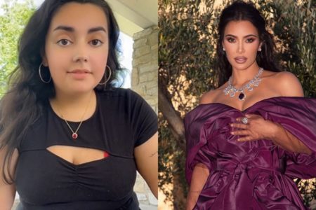 Montagem com fotos de Angelina Winley e Kim Kardashian. A tiktoker está com blusa preta, um colar, é branca e tem cabelo preto. A influencer está de vestido roxo, cola prateado, é branca e tem o cabelo preto - Metrópoles