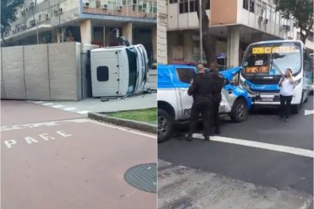 Foto colorida de acidente entre um caminhão e uma viatura da PM - Metrópoles