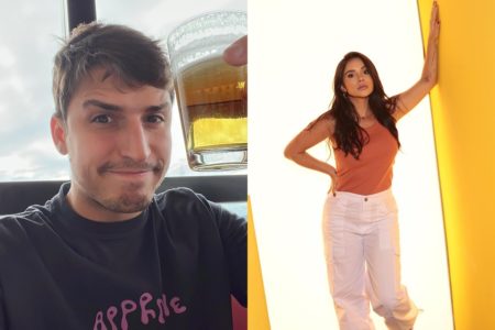 Montagem com fotos de Felipe Prior e Gizelly Bicalho. Ele está de camisa preta, é branco e tem o cabelo escuro. Ela está de blusa laranja, calça branca e tem o cabelo escuro - Metrópoles