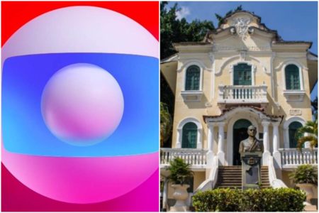 Montagem colorida da logo da Globo e do casarão do Retiro dos Artistas, no Rio de Janeiro - Metrópoles