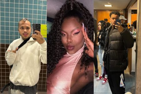 Vitão está com um casaco branco, cabelo moicano descolorido e uma bolsa. Suelen Gervásio está de rosa, é negra e tem o cabelo preto. Matuto está todo de preto, e tem o cabelo preto - Metrópoles