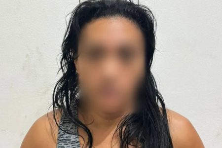 Foto colorida tirada pela polícia mostra mulher de cabelo preto olhando para câmera. Seu rosto está borrado para preservar sua identidade.