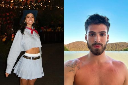 Montagem com fotos coloridas de Bruna Marquezine e João Guilherme. Ela está utilizando uma roupa clara, com cinto preto e um laço vermelho. O ator está sem camisa - Metrópoles