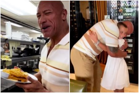 Montagem com uma foto de Dwayne Johnson com um prato de comida na mão e outra do ator abraçando uma fã mirim - Metrópoles