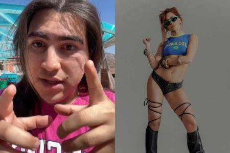 Montagem com fotos de Tony Vara e Anitta. O influencer está de camisa rosa e tem o cabelo grande. A cantor está com uma camisa azul com o escrito Brasil, shortinho preto - Metrópoles