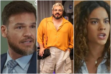 Montagem colorida de Theo (Emílio Dantas), Vitinho (Luis Lobianco) e Jenifer (Bella Campos), personagens da novela Vai na Fé - Metrópoles