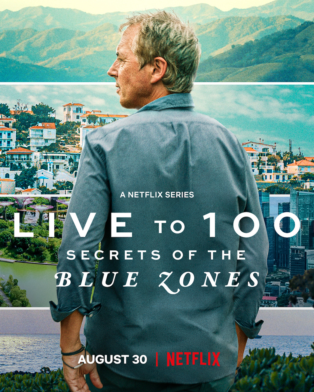 Foto colorida. a imagem mostra o pôster da série de Dan Buettner para a Netflix. Nele tem a foto do pesquisador de costas e detalhes da produção - Metrópoles
