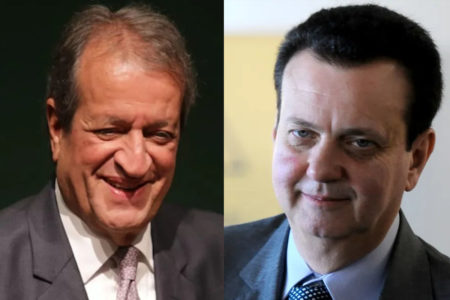 Montagem com Valdemar à esquerda, usando terno preto, camisa branca, gravata rosa e sorrindo; e Gilberto Kassab à direita, usando terno preto, camisa branca, gravata azul e também sorrindo - Metrópoles