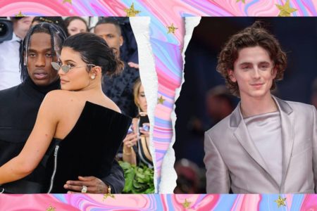 Montagem colorida de Travis Scott, Kylie Jenner (à esquerda) e Timothée Chaalamet (à direita) - Metrópoles