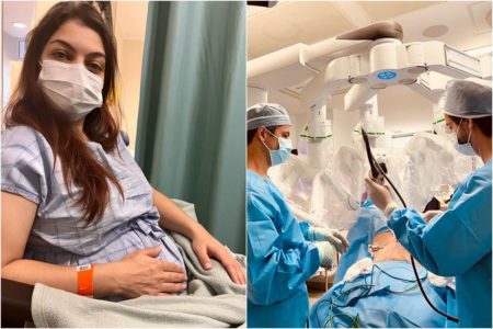 Duas imagens: na primeira, mulher grávida de máscara com uma mão na barriga. Na segunda, médicos ao redor de paciente deitada em sala de cirurgia - Metrópoles