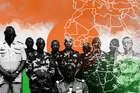 Colagem mostra militares sob um fundo com as cores da bandeira do Níger - Metrópoles