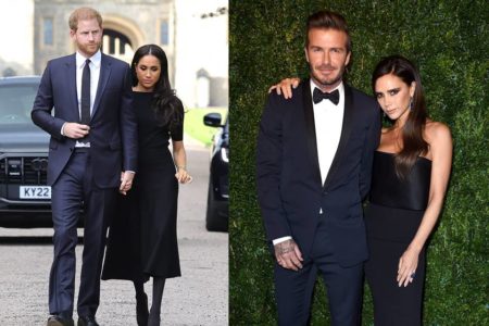 Montagem colorida de fotos dos casais Meghan Markle e príncipe Harry e David e Victoria Beckham