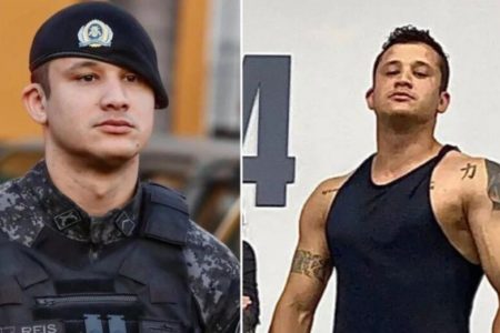 Em foto colorida soldado reis aparece em dois quadros, à esquerda vestido com farda da Rota e, à direita, com camiseta regata preta, deixando tatuagens à mostra - Metrópoles