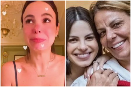 Montagem com fotos de Sthefany Brito. A influencer está quase chorando na primeira foto e aparece ao lado da mãe na segunda foto - Metrópoles