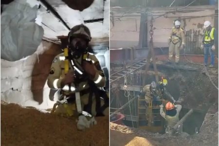 Imagem colorida de bombeiros durante resgate a desaparecido em silo - Metrópoles