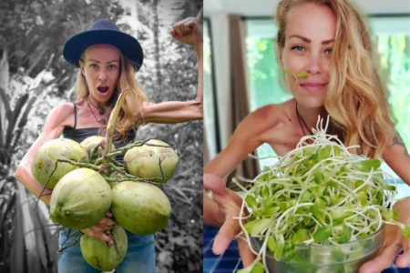 Na foto, uma mulher loira segurando um coco à esquerda. Á direita, uma mulher loira segurando brotos - Metrópoles