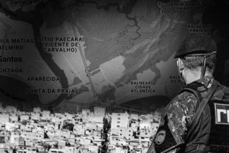Montagem em preto braco com mapa do guarujá e policial do rota