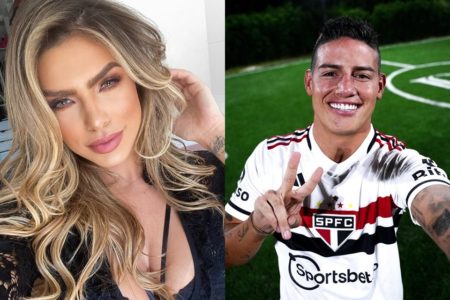 Montagem com fotos coloridas de Erika Schneider e James Rodríguez. Ela é branca e loira, enquanto ele é branco e tem o cabelo preto - Metrópoles