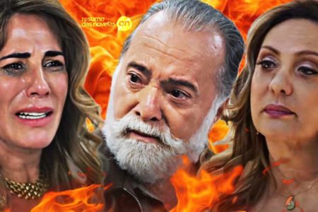 Monatagem colorida de Antônio (Tony Ramos), Irene (Gloria Pires) e Agatha (Eliane Giardini), personagens da novela Terra e Paixão - Metrópoles