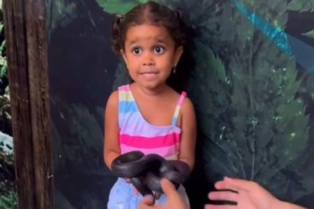 Na foto, uma menina com roupa azul e roxa segurando uma cobra -Metrópoles