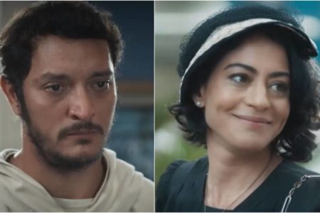 Montagem colorida de frei João (Allan Souza Lima) e Darlene (Carol Castro), personagens da novela Amor Perfeito - Metrópoles