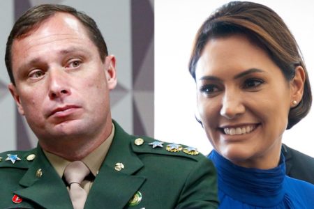 Imagem colorida de montagem com Mauro Cid e Michelle Bolsonaro