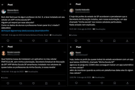 imagem mostra montagem de publicações no twitter sobre instalação de aplicativo em celulares de professores - metrópoles