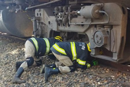 Foto colorida do momento em que bombeiros tentam resgatar corpo de homem atropelado por trem em Goiás - Metrópoles