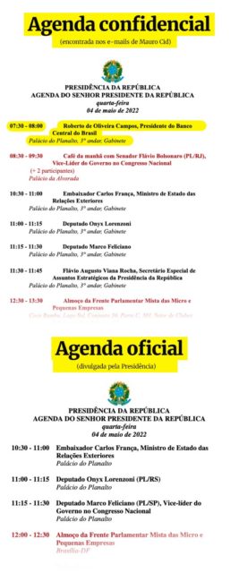 Comparação com a agenda confidencial e a agenda oficial de Jair Bolsonaro no dia 4 de maio de 2022