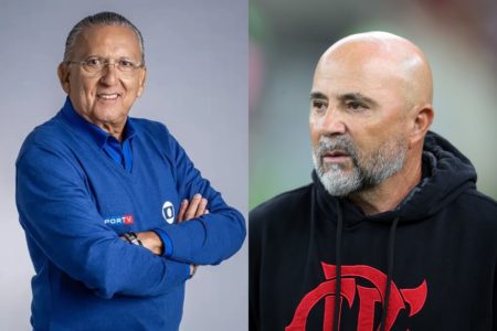 Foto colorida de Galvão Bueno e Sampaoli, técnico do Flamengo - Metrópoles