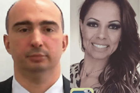 Montagem colorida de fotos, com o delegado Erick Busseti à esquerda e sua esposa Maritza, a quem ele é acusado de matar, na direita