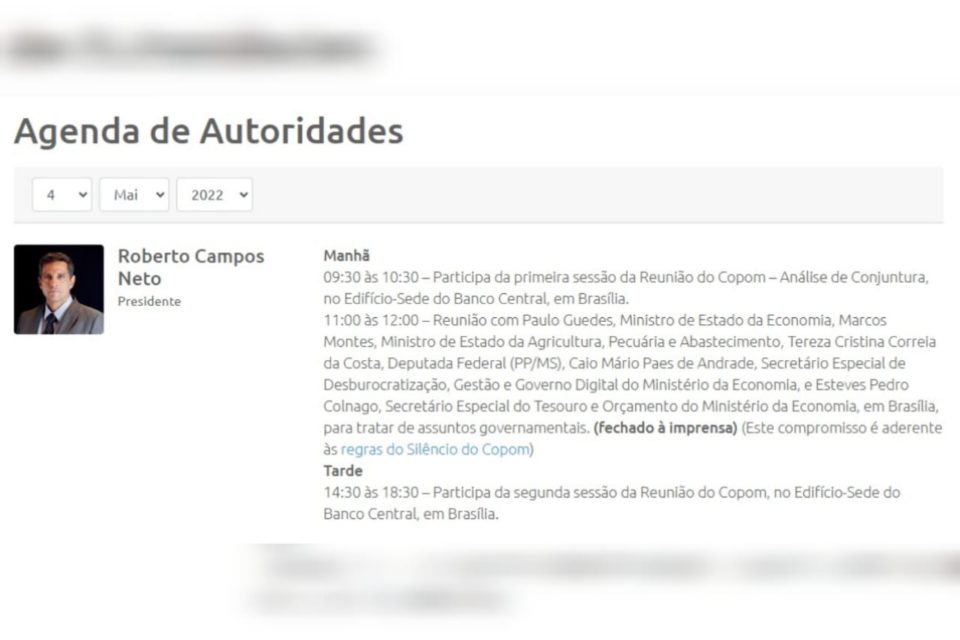 Agenda pública de Roberto Campos Neto, presidente do Banco Central, no dia 4 de maio de 2022