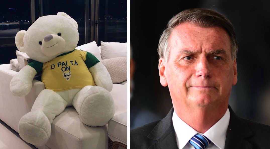 Montagem mostra urso de pelúcia da empresa Black Entertainment ao lado de foto de Jair Bolsonaro