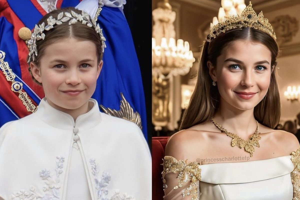 Foto colorida com montagem de uma menina, branca, loira, com tiara na cabeça e uma roupa branca. Ao lado, uma mulher jovem, com coroa, colar e roupa dourada - Metrópoles