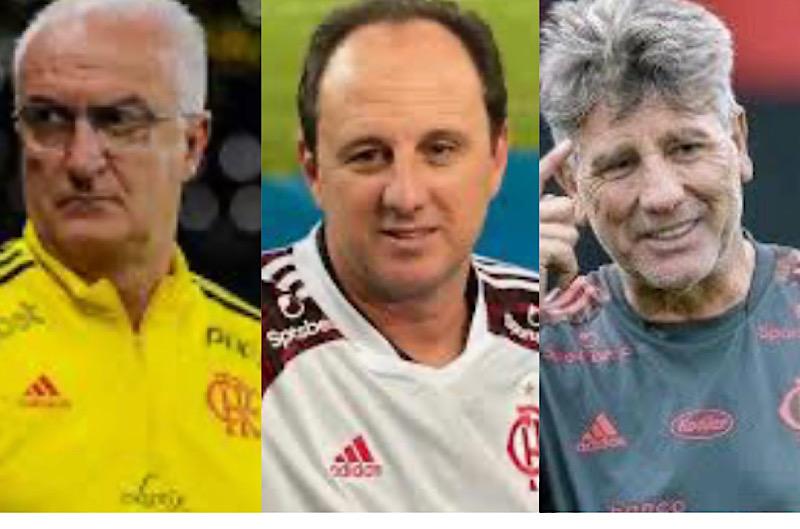 Dorival, Ceni e Renato, ex-técnicos do Flamengo, em foto colorida