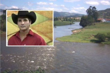 Imagem colorida mostra imagem de cantor sertanejo sobreposta a uma foto do local em que ele se afogou - Metrópoles