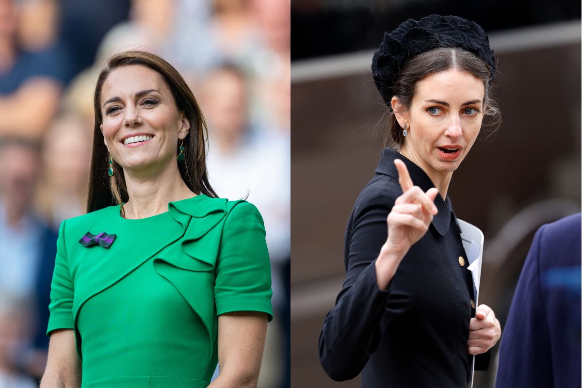 Foto colorida. Imagem mostra Kate middleton de uma lado usando um vestido verde e sorrindo. Do outro lado, a amiga dela, Rose está com uma roupa e chapéu preto olhando para trás e apontando - Metrópoles