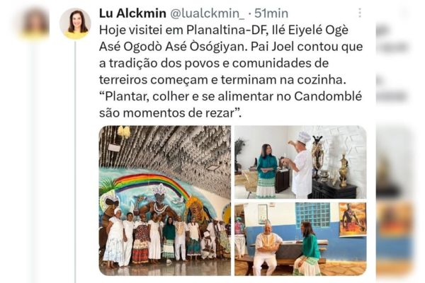 Foto colorida mostra Lu Alckmin em terreiro em Planaltina (DF) - Metrópoles