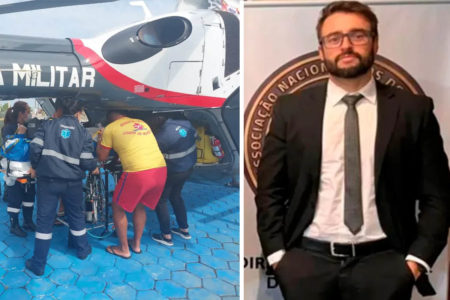 foto colorida de equipe médica retirando paciente de helicóptero da PM delegado da PF baleado