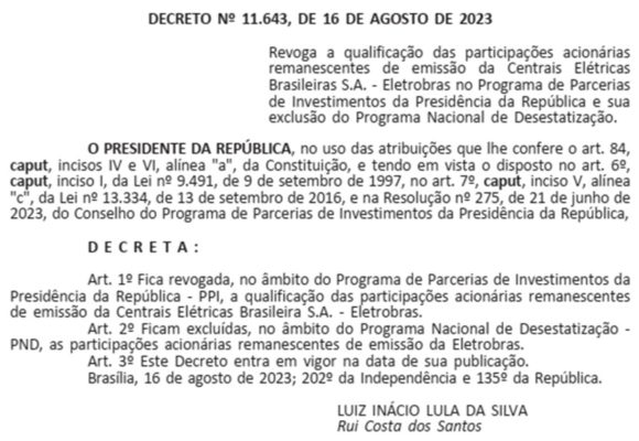 Imagem preto e branco do Trecho do decreto de exclusão de ações da Eletrobras do PPI e PND - Metrópoles
