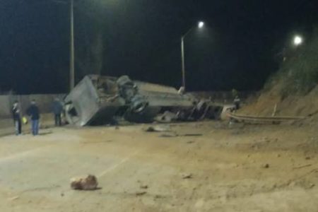 imagem colorida de ônibus com torcedores do Corinthians tombado em estrada - Metrópoles