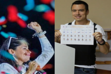 Imagem colorida dos candidatos a presidente no Equador, Os candidatos Luisa González e Daniel Noboa - Metrópoles