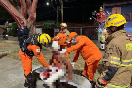 Foto colorida de bombeiros militares uniformizados atendendo a homem ferido, sentado em banco de praça; ele tem a imagem borrada, mas pode-se perceber que ele tem uma atadura na cabeça