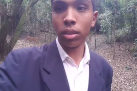 Imagem colorida mostra o pastor Paulo Henrique da Silva, um homem negro com um terno azul e uma camisa branca, em um parque cercado de árvores, e, ao fundo, uma onça-parda passeando - Metrópoles
