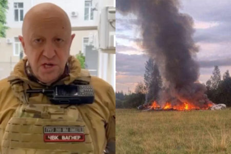 montagem com Yevgeny Prigozhin, chefe do Grupo Wagner e avião em chamas - Metrópoles