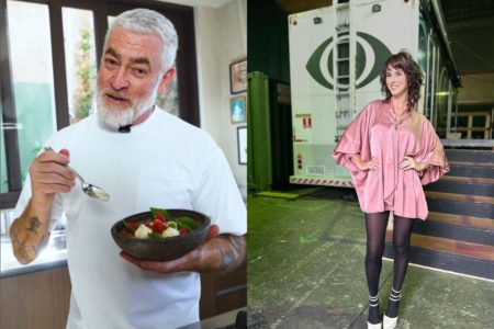 Montagem de um homem segurando um pote de comida e uma mulher com a roupa rosa - Metrópoles