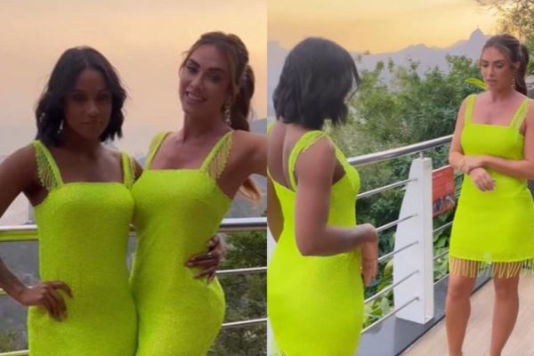 montagem com fotos de Nicole Bahls e Rebecca vestidas com vestido verde-lima - metrópoles