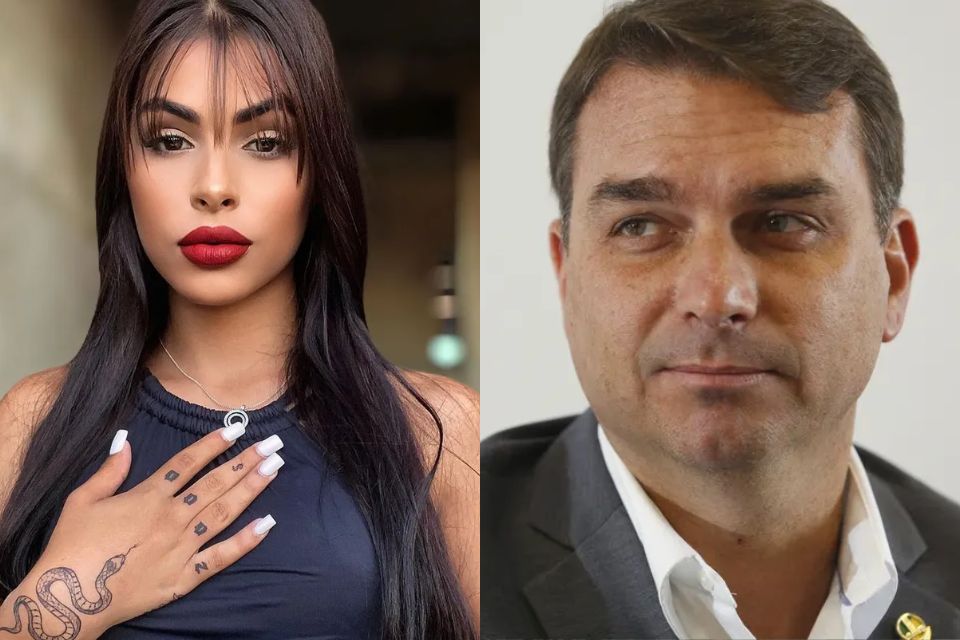 Montagem colorida Sophia Barclay e Flávio Bolsonaro - Metrópoles