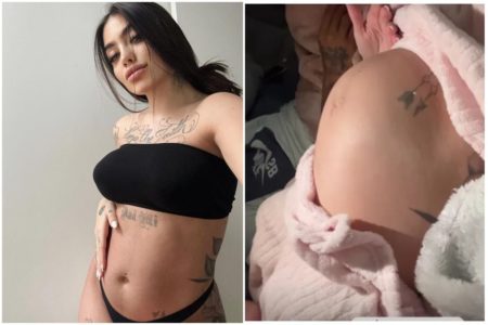 Montagem com fotos de MC Mirella. Em ambas ela mostra a barriga de grávida - Metrópoles