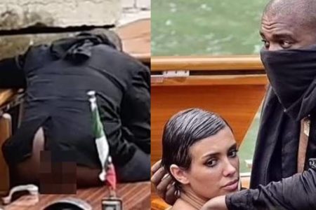 Montagem de duas fotos coloridas do cantor Kanye West e a esposa Bianca em um passeio de barco - Metrópoles